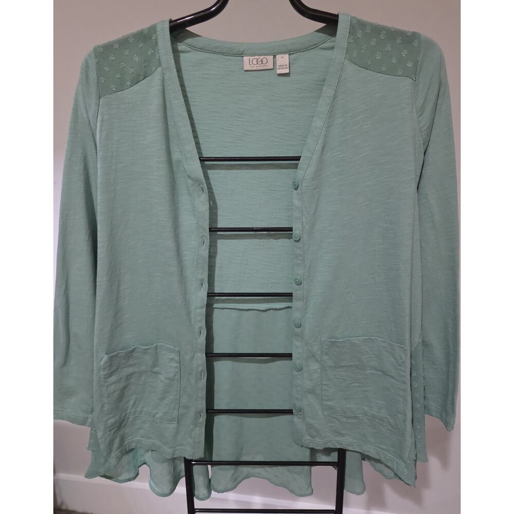 Logo Lori Goldstein PS Mint Green Knit Cardigan Clip Dot Trim A694674 NWOT - Picture 2 of 9